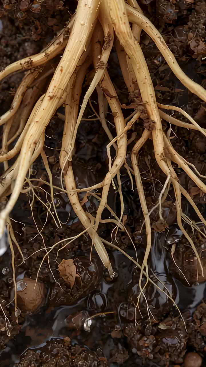 Vertical video: Panning camera revealing plant roots at moist soil, examining water drops settling