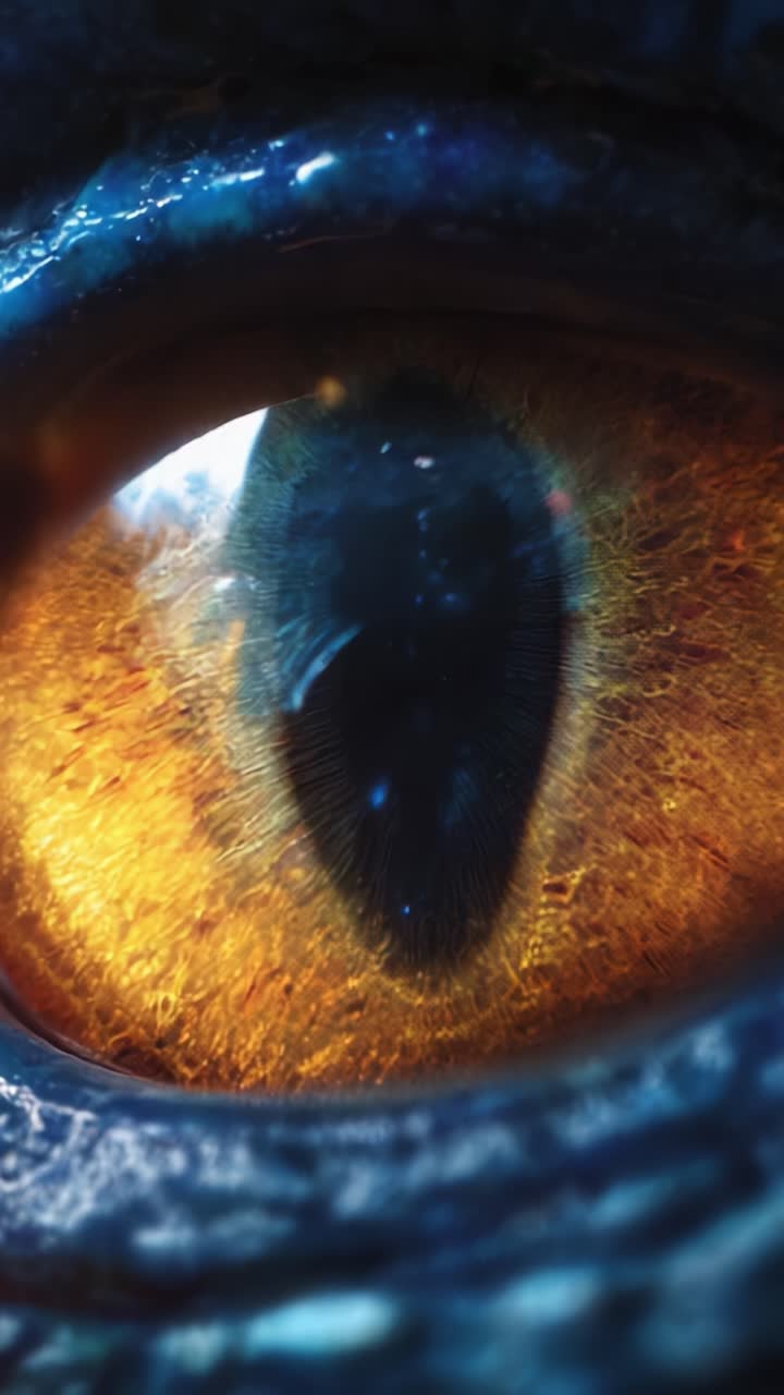 Primo piano di un occhio complesso con sorprendenti tonalità arancioni e ambrate, che mette in risalto texture e dettagli, perfetto per studiare le caratteristiche dell'estetica dei rettili