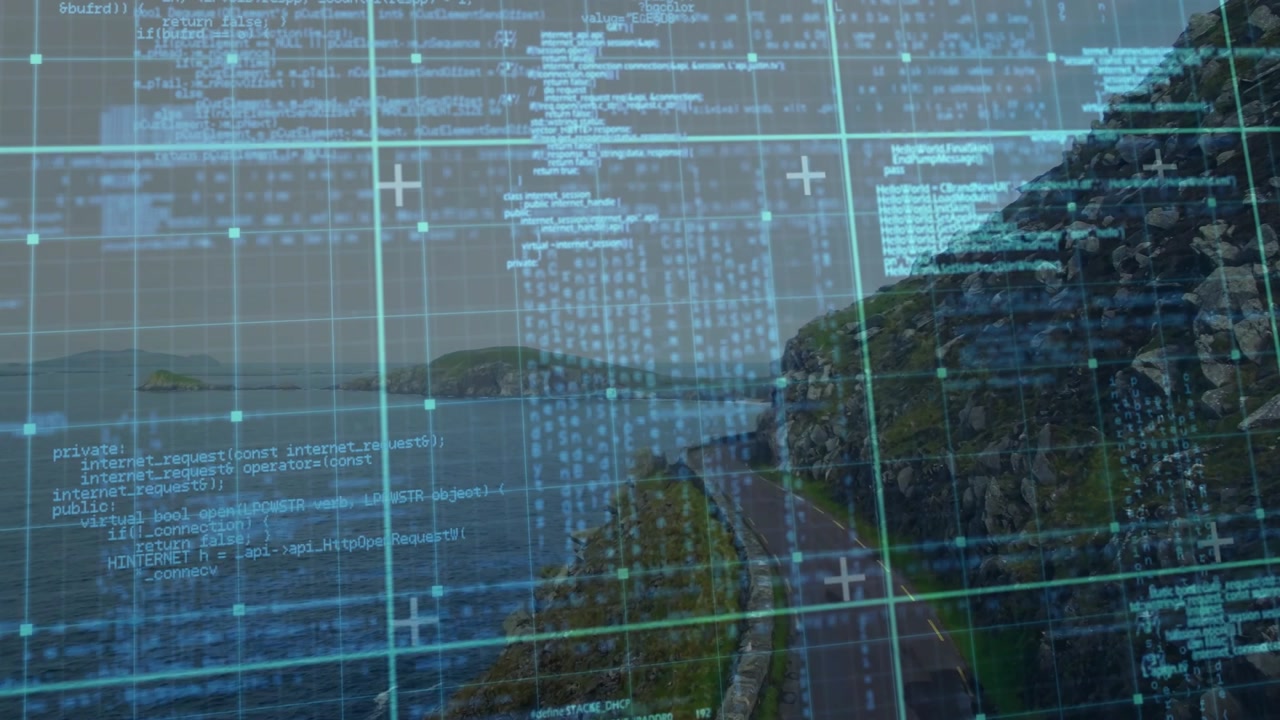 HUD activating and detecting coast, grid shifting, code streaming, mapping winding road, cliff