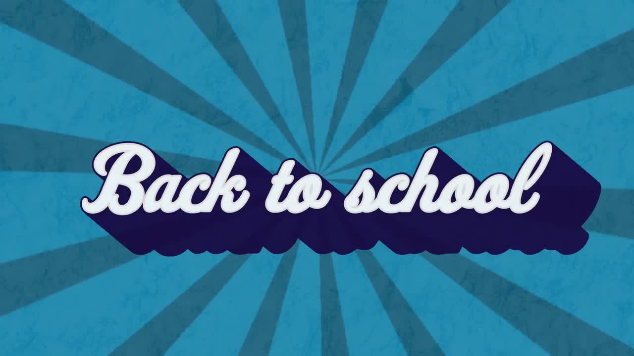 파란색 배경에 회전하는 방사선에 대항하여 학교로 돌아가는 텍스트 배너의 애니메이션