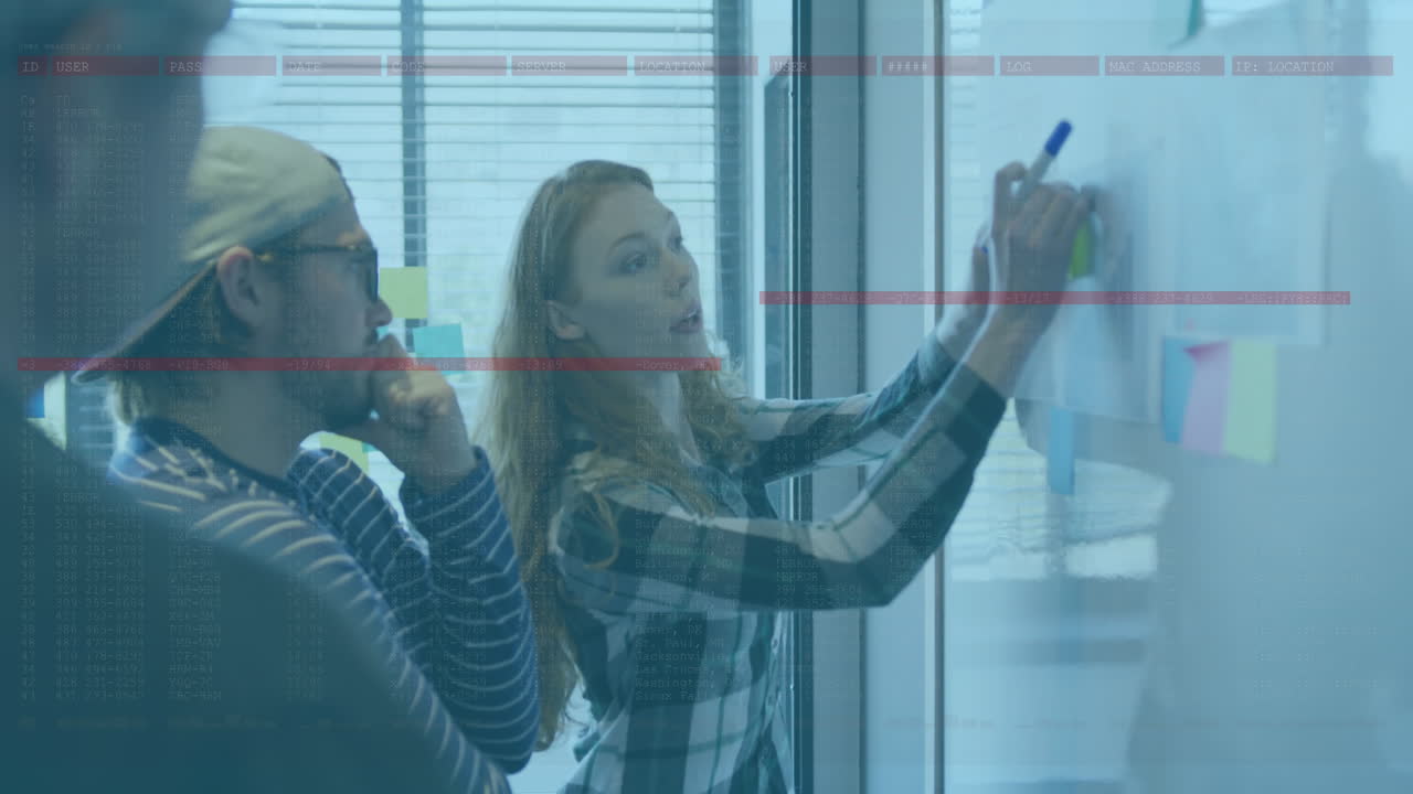 animación de líneas sobre diversas mujeres explicando estrategias en la pizarra a los compañeros de trabajo.