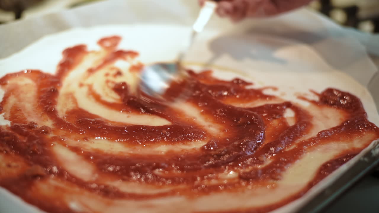Female hands covering dough for pizza with tomato paste. Slow motion