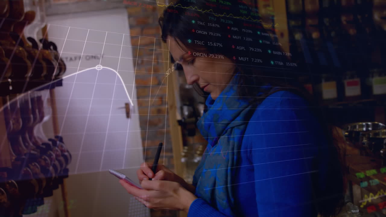 animación de tablero de negociación y gráficos sobre mujer caucásica examinando guitarras en la tienda.