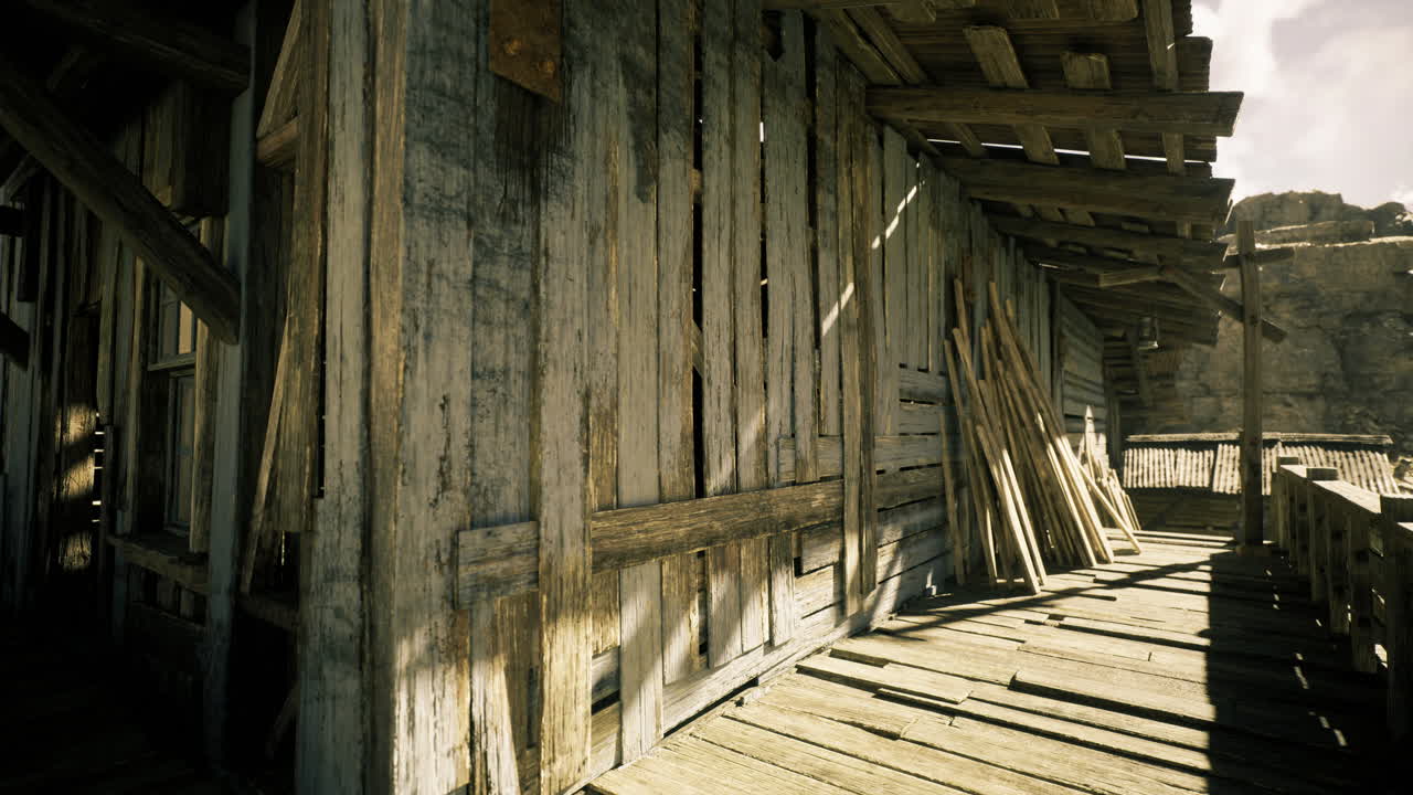Rustic wooden structure in a deserted location with weathered planks and beams