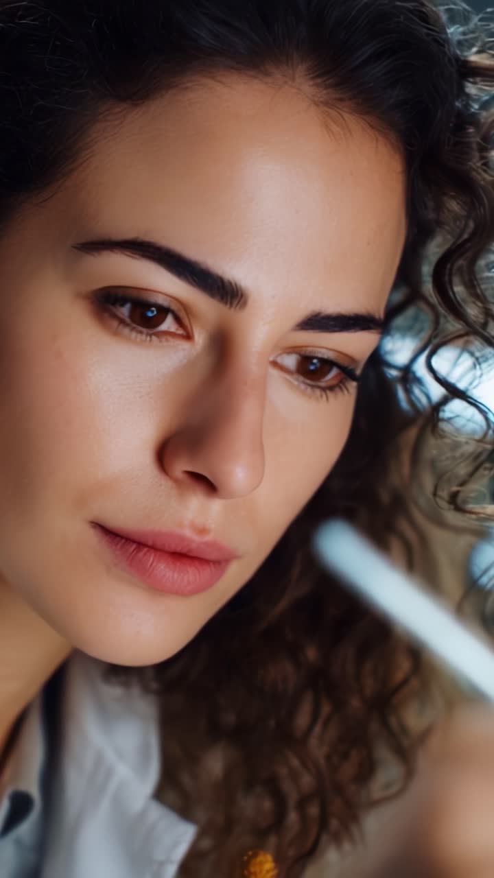 Focused Researcher Analyzing Lab Results with Precision in a Close-Up Shot, Highlighting Curly Hair and Intense Brown Eyes as She Examines Scientific Tools