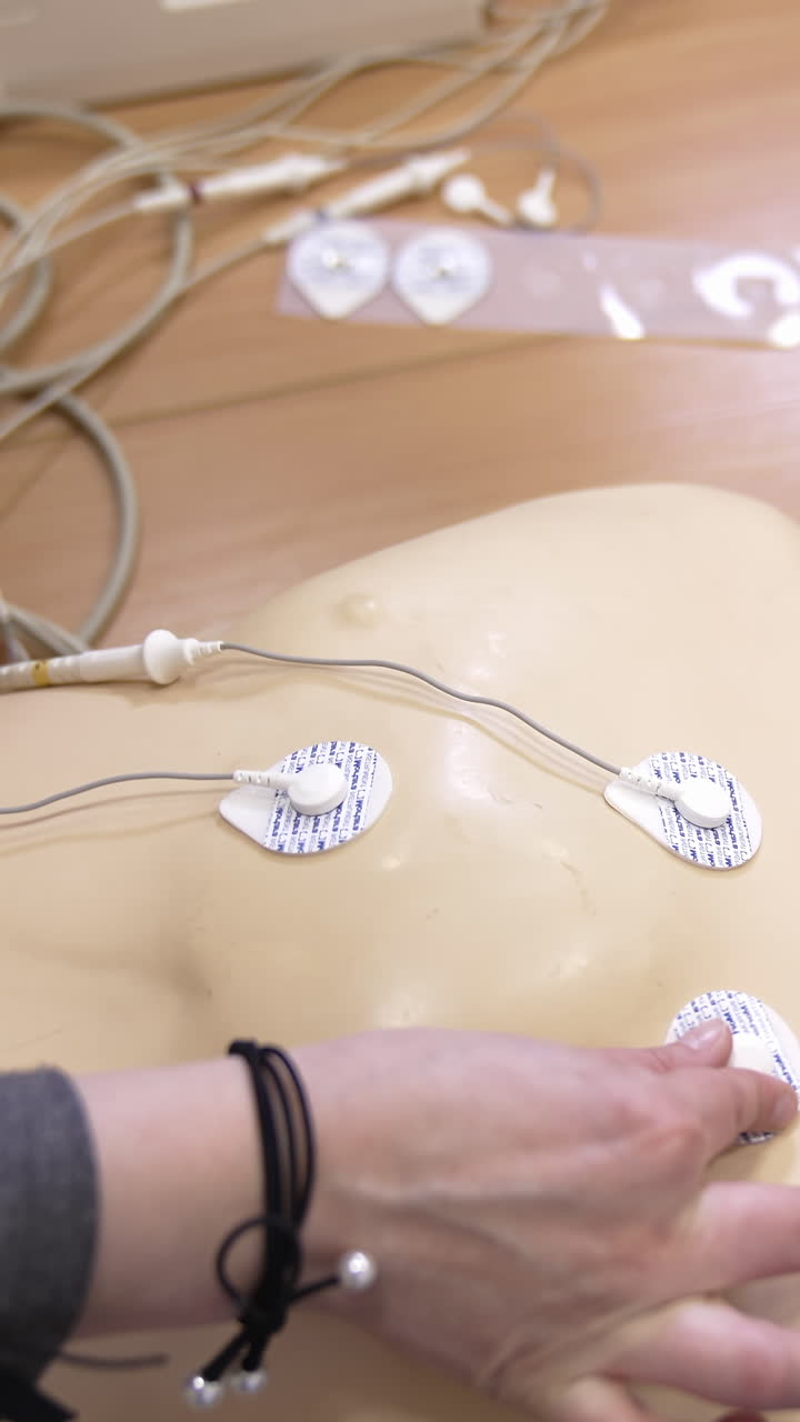 CPR training medical procedure. Instructor demonstrating CPR on mannequin at first aid training course. Vertical video