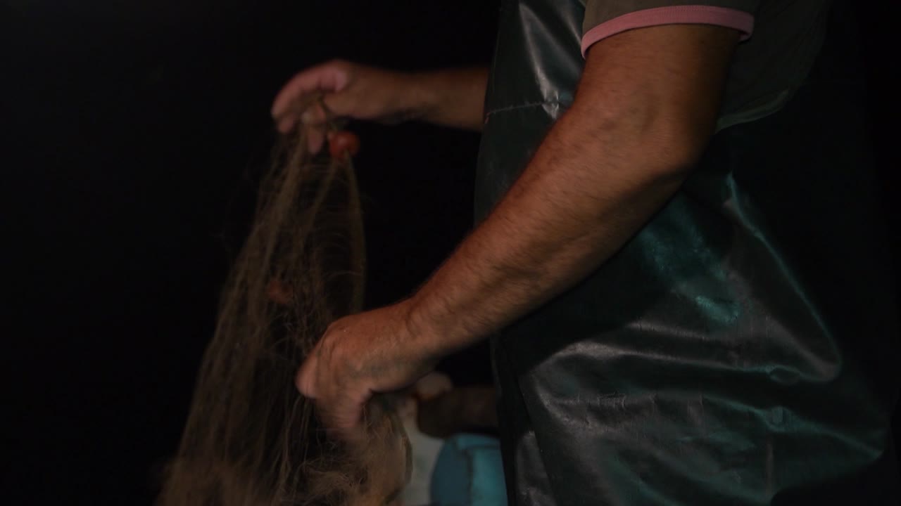 어부는 밤에 트롤링을 하면서 신속하게 어망을 분류합니다