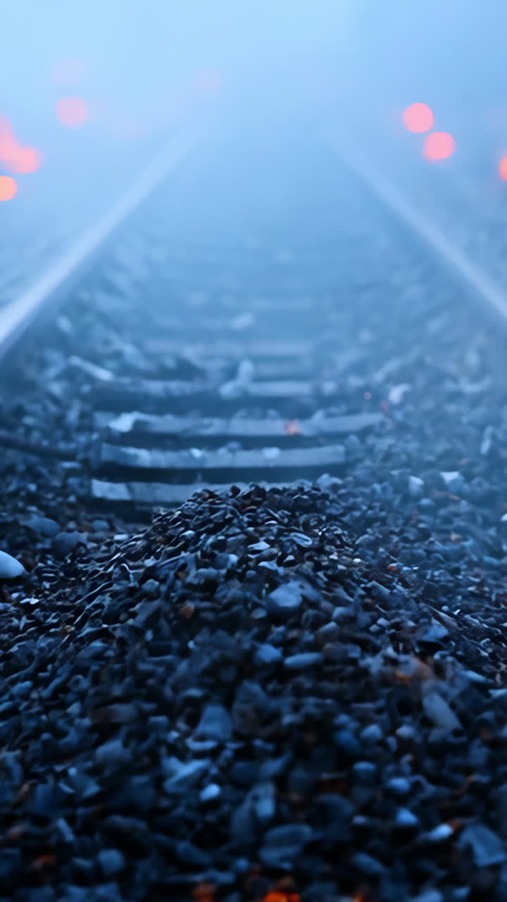 A train track with a pile of coal on it. The coal is black and the train track is blue
