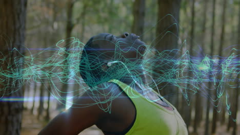 estiramiento en el bosque, persona con auriculares rodeada de ondas de sonido animación