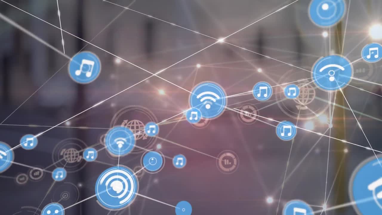 animación de una red de conexiones brillantes e íconos digitales contra el tráfico de la ciudad