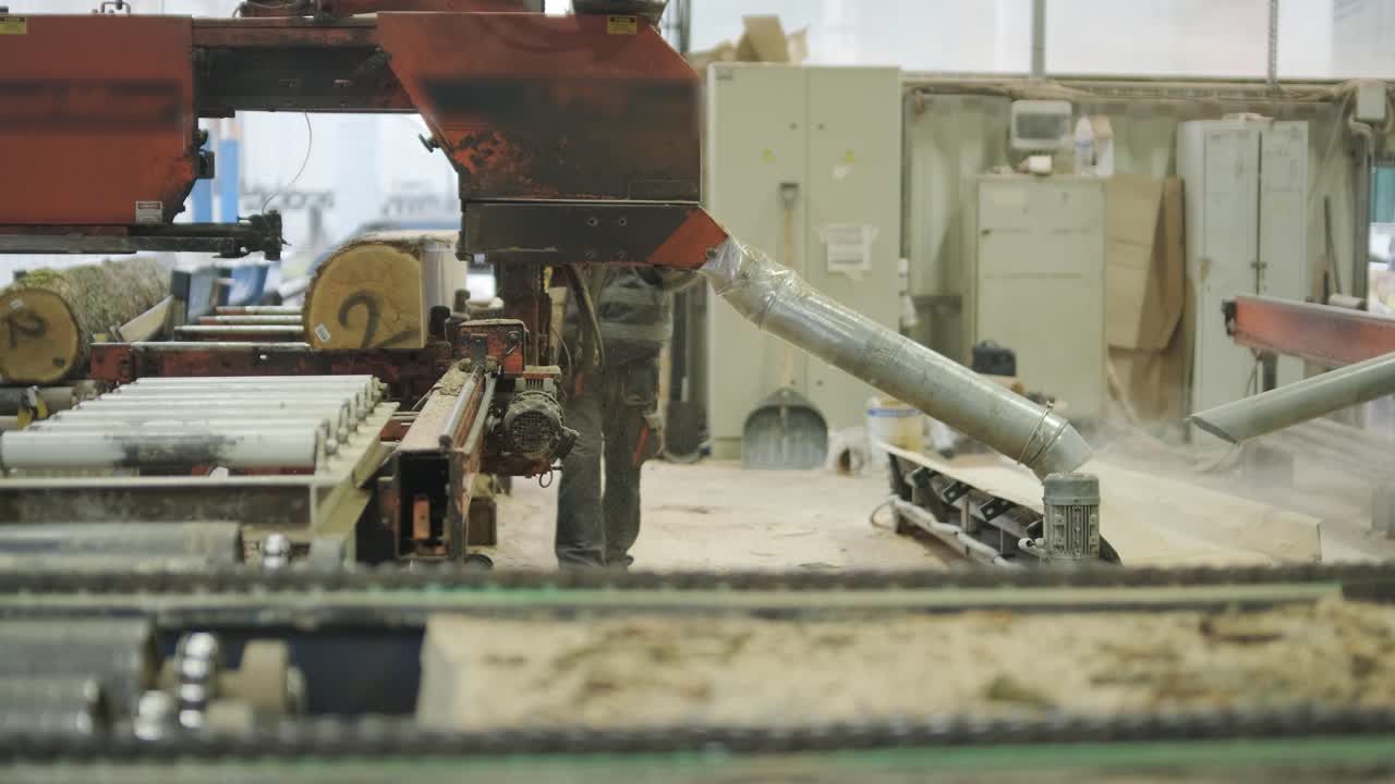 Industrial Sawmill Machine Cutting Logs into Wood Planks