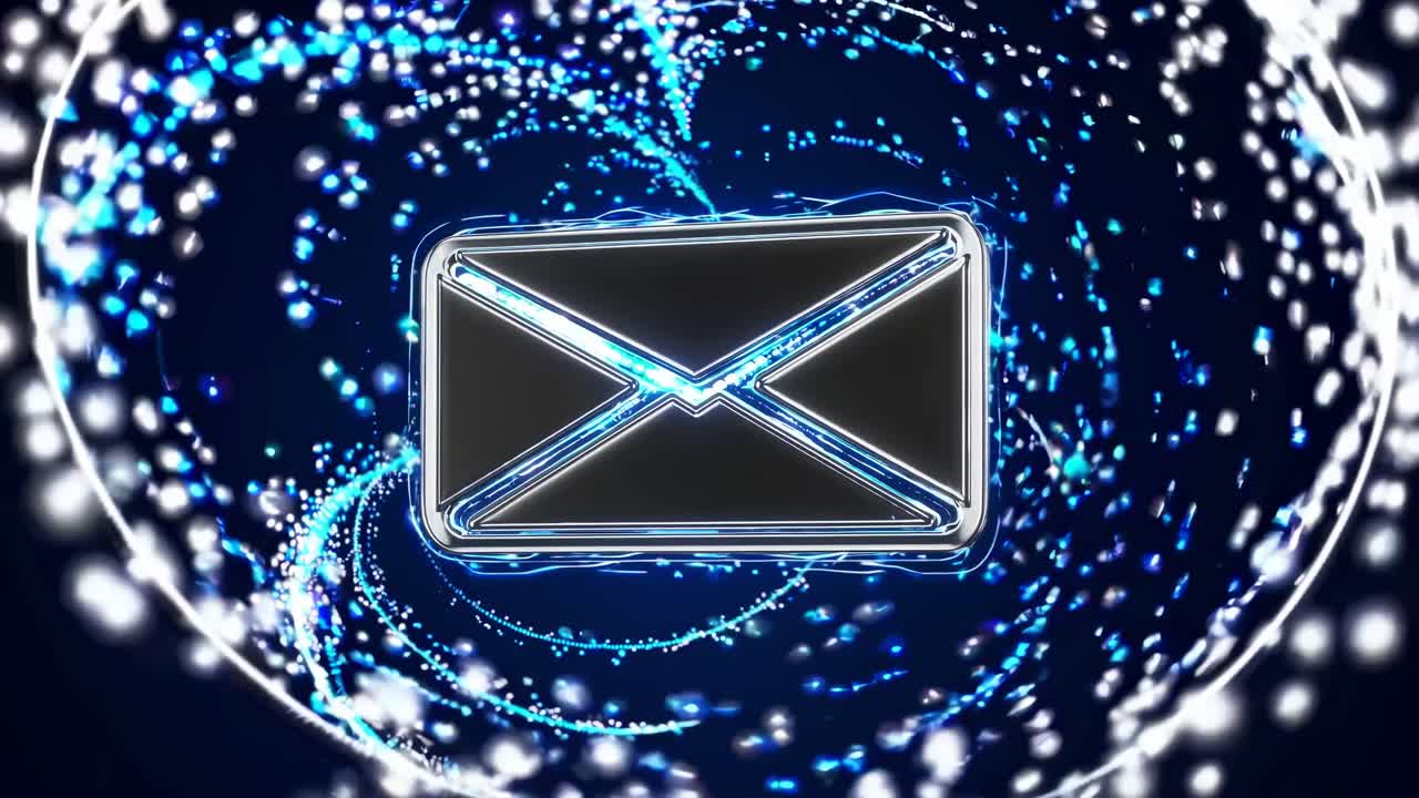 A dynamic video concept featuring a glowing envelope icon surrounded by swirling blue lights