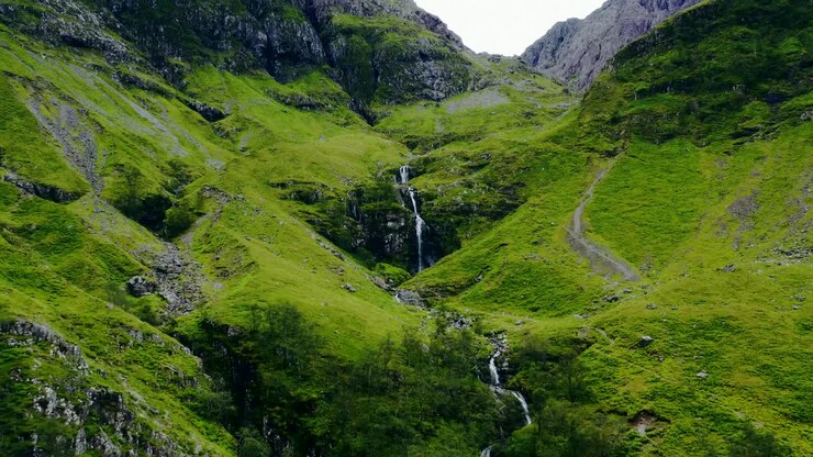 dronbillede af en bæk i glen coe