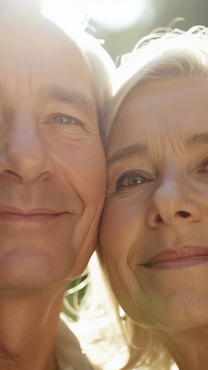 Vertical video: Pressing cheeks senior couple holding pose at sunny garden, camera starting capture