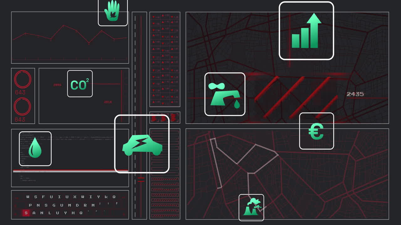Displaying environmental data, digital dashboard with animation, icons, and graphs