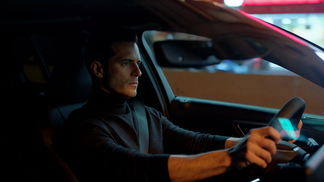 Side view shows focused driver seated inside dark car interior while warm street lighting and bright neon reflections shift across windows as surrounding vehicles move nearby.