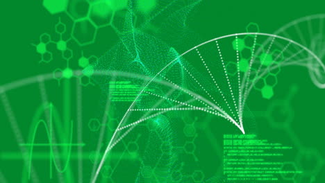 Animación-De-Cadena-De-ADN,-Estelas-De-Luz-Y-Procesamiento-De-Datos-Sobre-Fondo-Verde