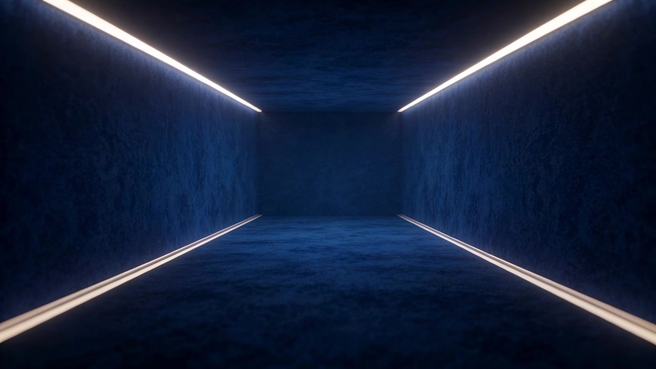 Strisce LED scintillanti creano sottili spostamenti d'ombra in un corridoio blu centrato, enfatizzando la profondità.