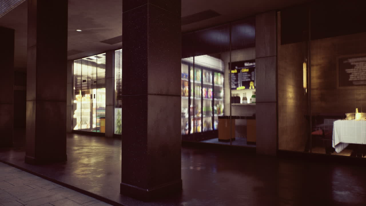 Modern cafe interior with evening ambiance in an urban setting