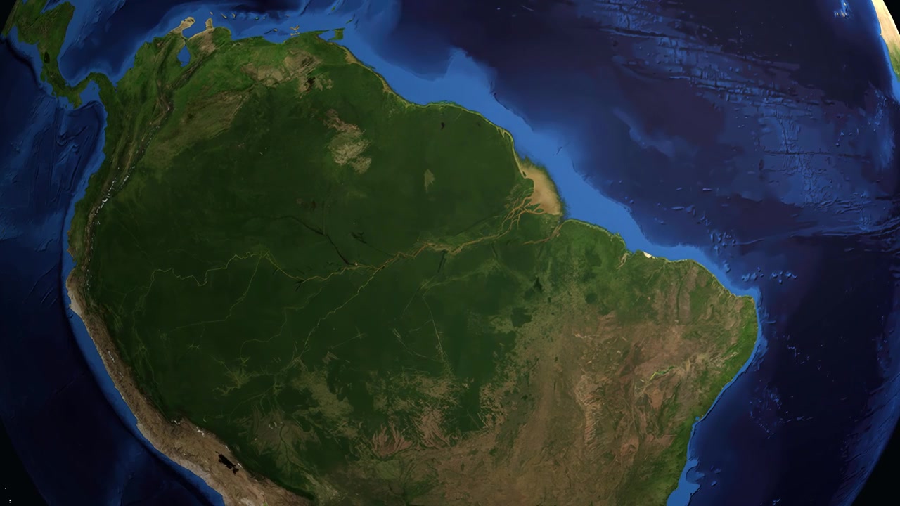 Digital globe rotates and zooms into South America, highlighting Santarem Brazil with informational text