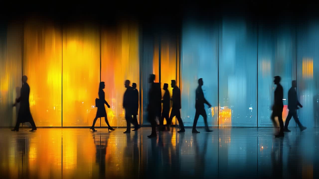 A Dynamic Urban Scene: Silhouetted Figures Moving Through Vibrant Light and Color Reflections in a Glassy Environment