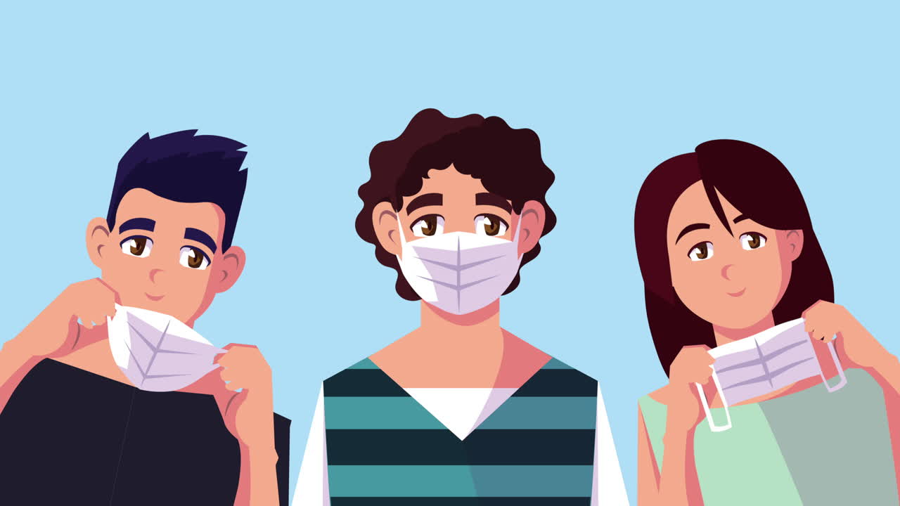 코로나19를 예방하기 위해 얼굴 마스크를 사용하는 사람들의 그룹