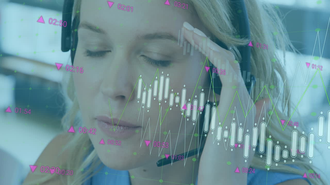 animación de gráficos, cambiando los números sobre el representante del cliente caucásico tomando con el cliente