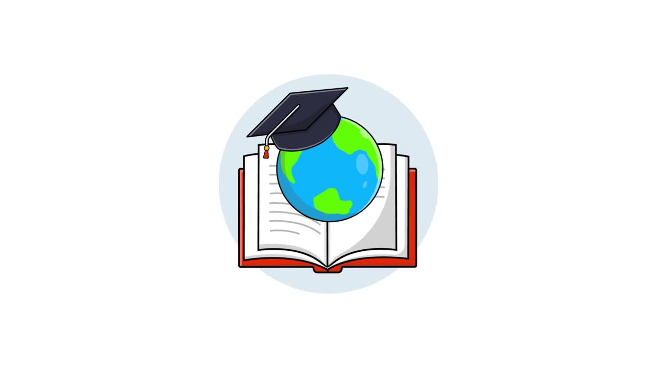 Concepto de educación global con globo terráqueo giratorio, libro y birrete de graduación