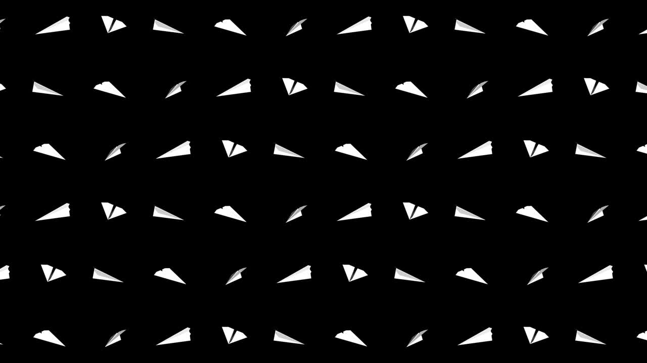 Collezione di aeroplanini di carta fatti a mano. Animazione in loop di aeroplanini di carta bianchi che volano su sfondo nero. Concetto di connessione aziendale. Aeroplanino origami che vola