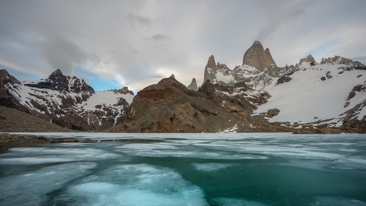 Mount Fitz Roy and Laguna de Los Tres Timelapse Hyperlapse Panorama, Mountain Peak and Ice over Lake, Argentina