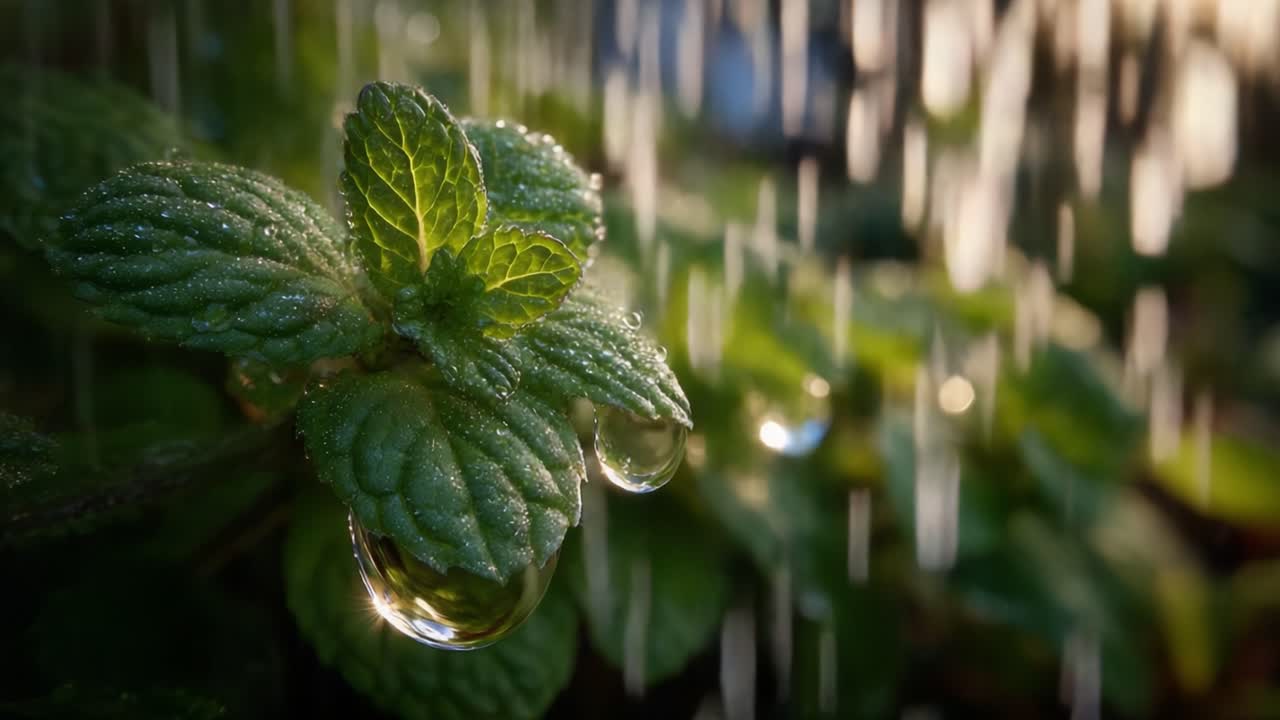 A Glimpse of Nature's Resilience: Dew-Laden Mint Leaves Reflecting Soft Light and the Beauty of Morning Water Droplets