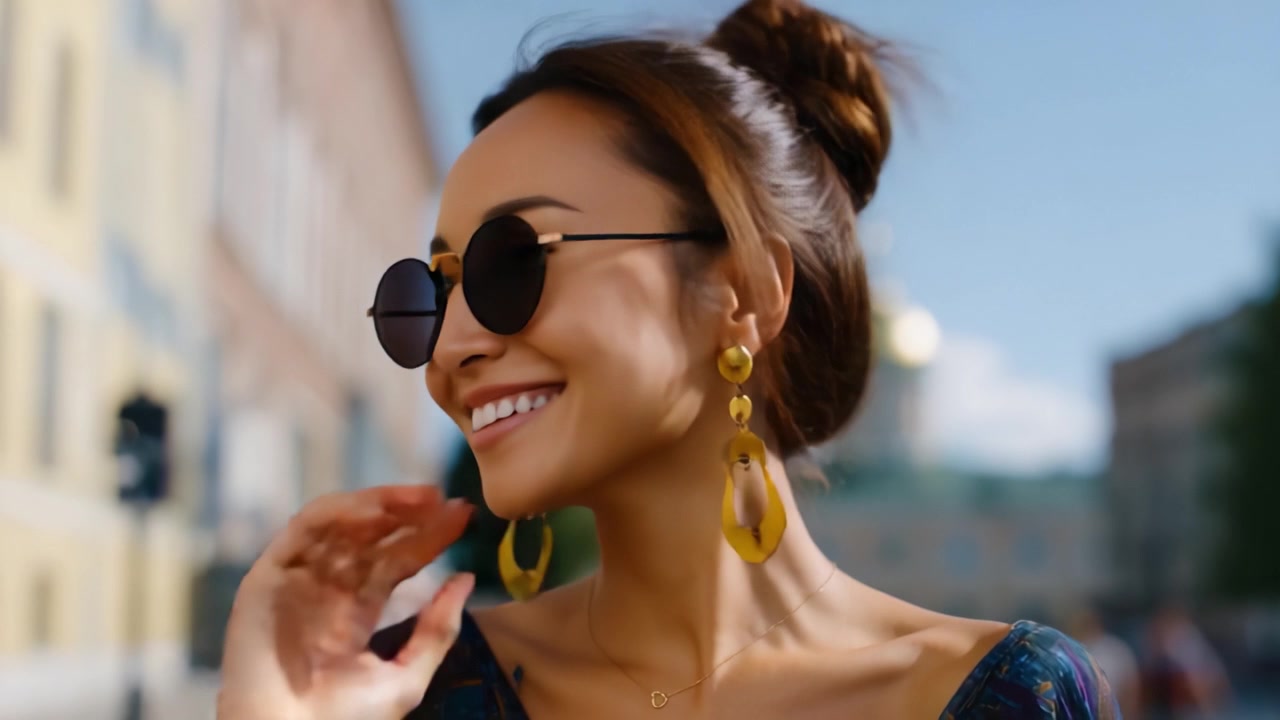 Una donna gioiosa con occhiali da sole che sorride luminosamente su uno sfondo urbano soleggiato, mostrando un senso di stile e sicurezza in un abbigliamento alla moda.