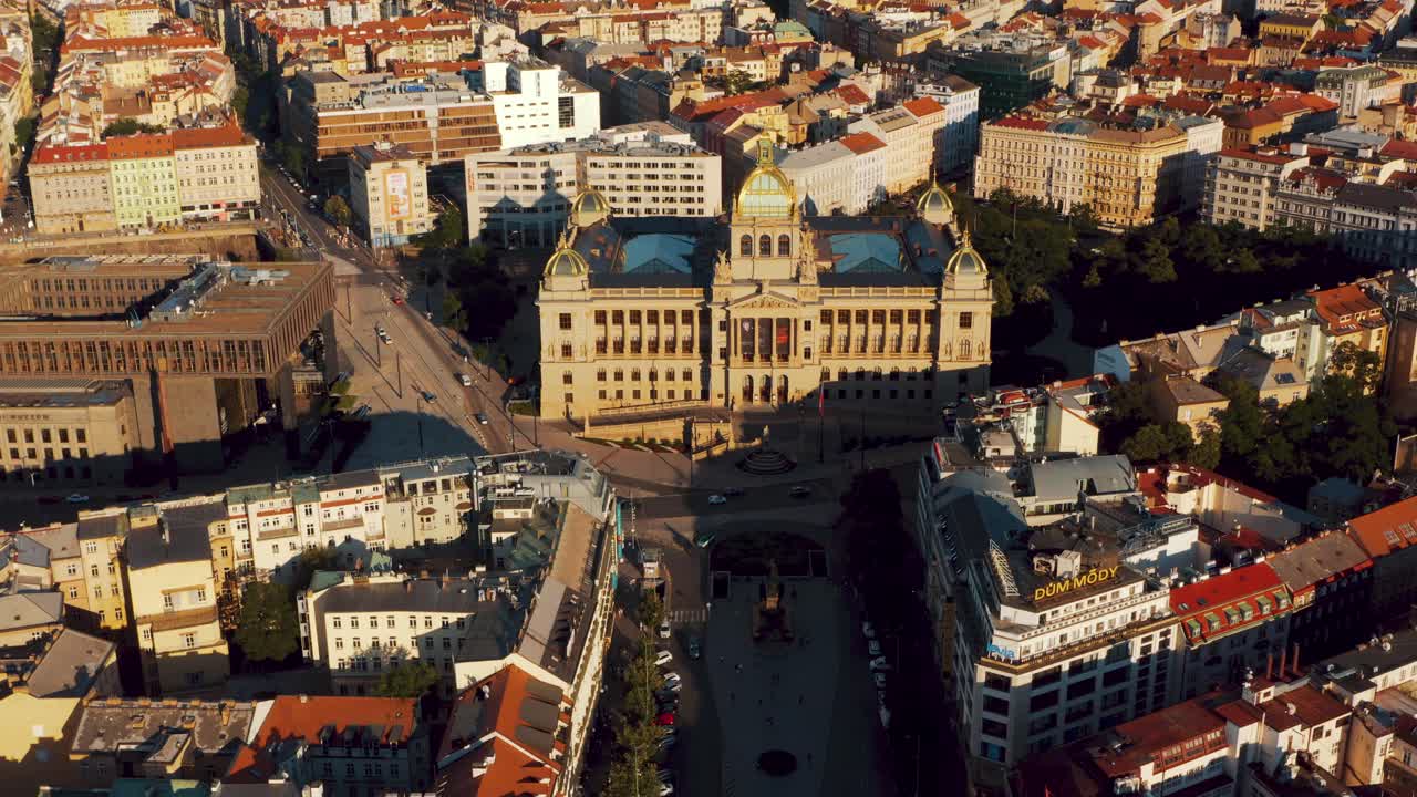 Aerial View Of National Museum, Wenceslas Square, And New Building Of National Museum At Sunset In Prague, Czech Republic. - tilt up