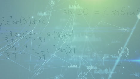 animación de ecuaciones matemáticas sobre puntos conectados e íconos de gráficos en fondo azul