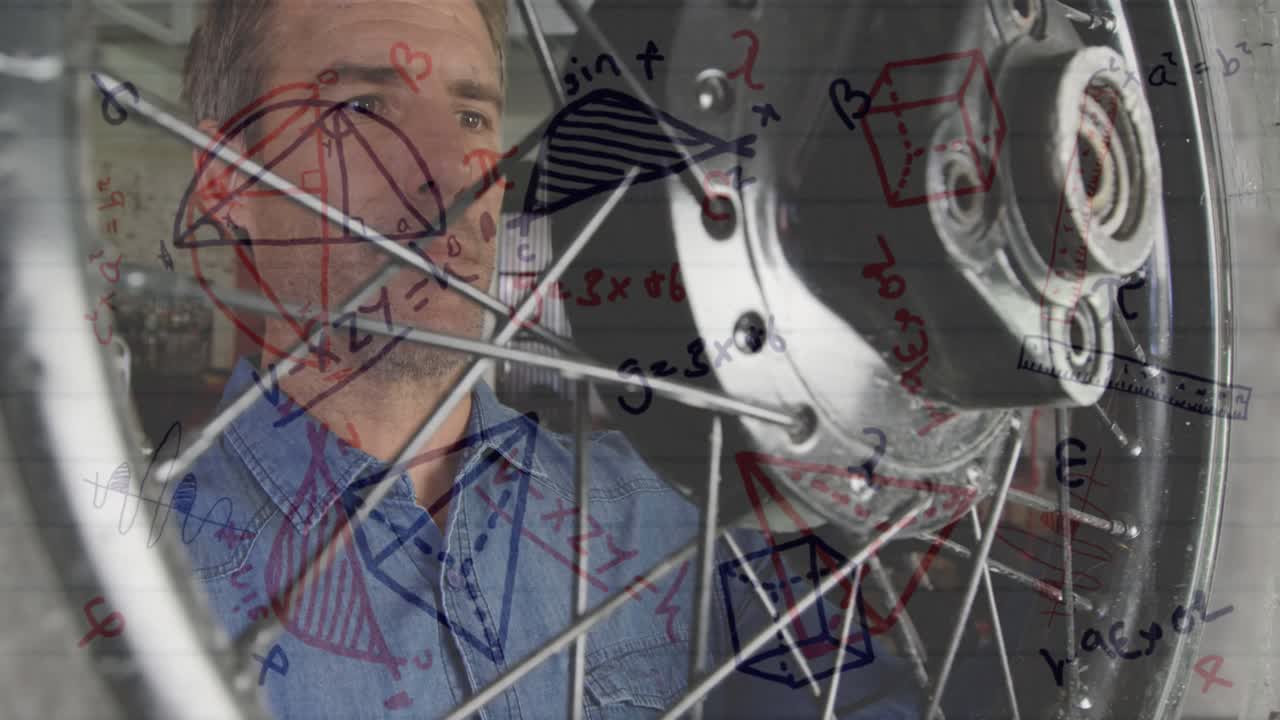 animación de ecuaciones matemáticas con un hombre reparando la rueda de su motocicleta