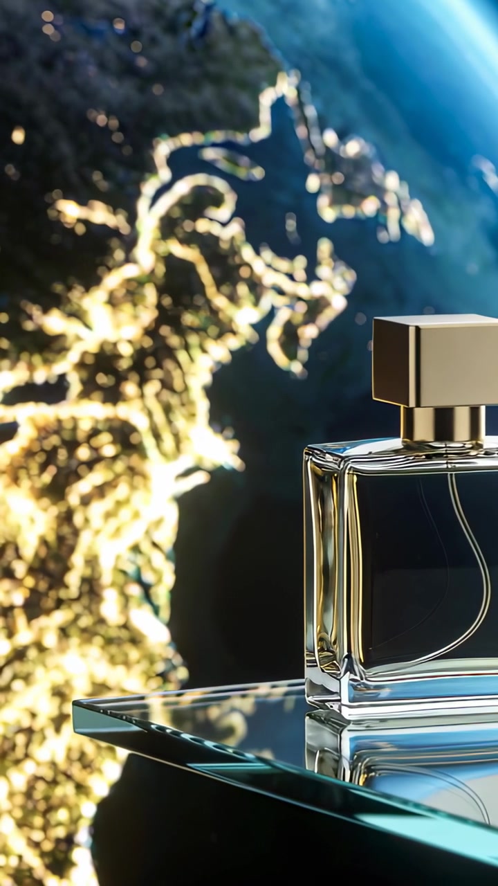 Flacone di profumo rettangolare con tappo dorato appoggiato su uno scaffale in studio, globo luminoso, spazio per il testo.