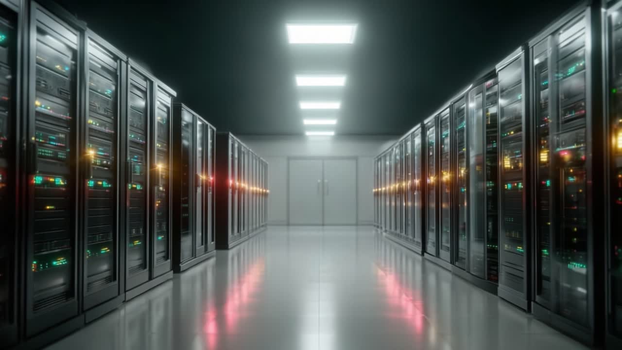 Et fascinerende indblik i et højteknologisk serverrum med opstillede serverracks med oplyste LED'er, en gang med avanceret teknologi og moderne datalagringsløsninger.