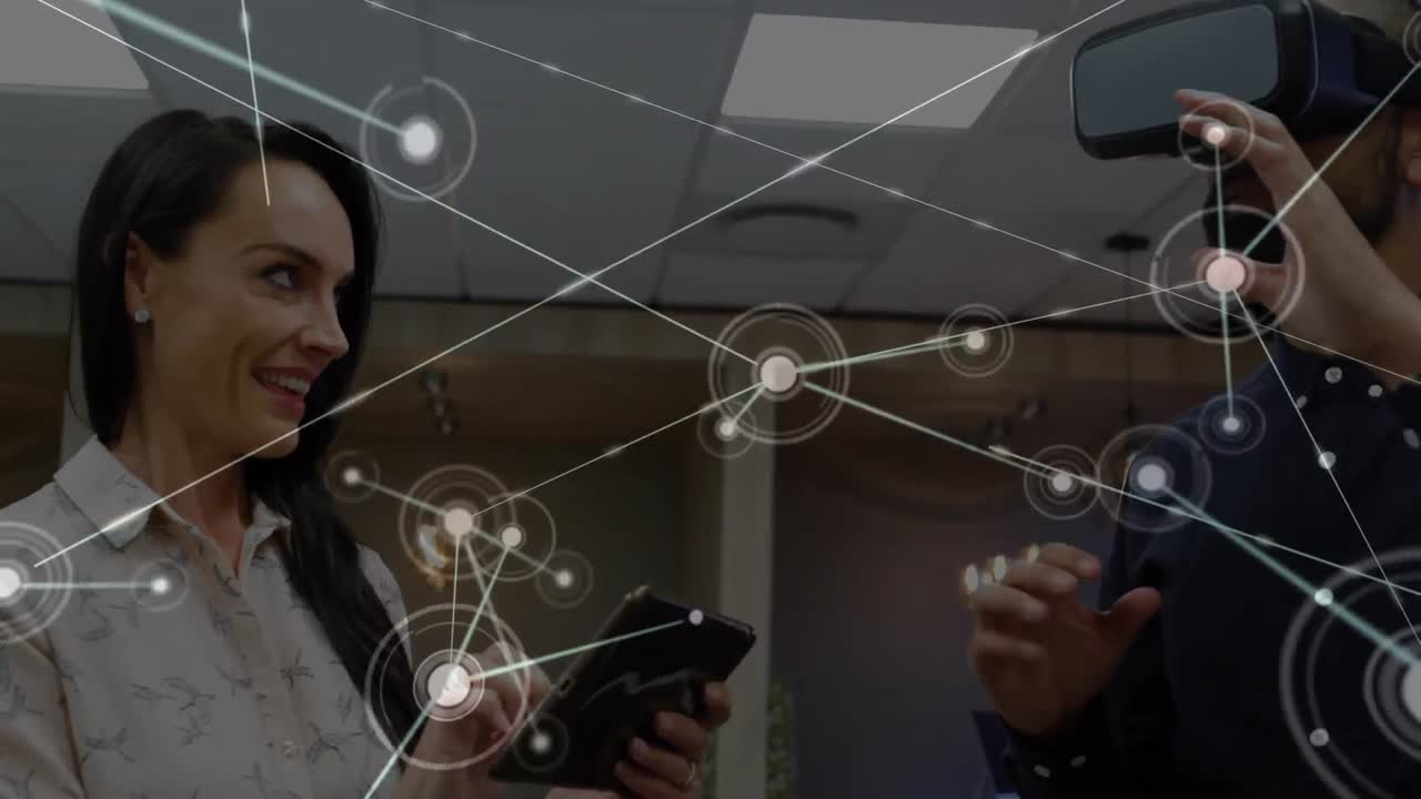 Animation of network of connections over businessman using vr headset