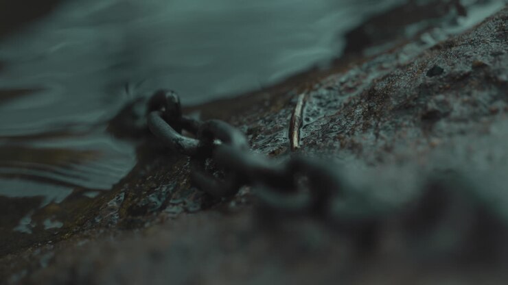 rock focus on a steel iron chain on port pier dock during a storm day of rain