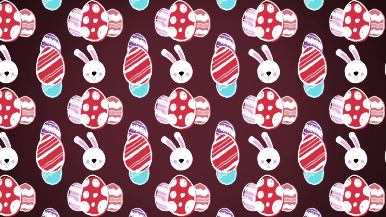 Animation of falling white bunnies and eggs over dark background