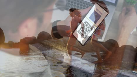 Animation-of-caucasian-woman-with-smartphone-over-caucasian-women-at-beach