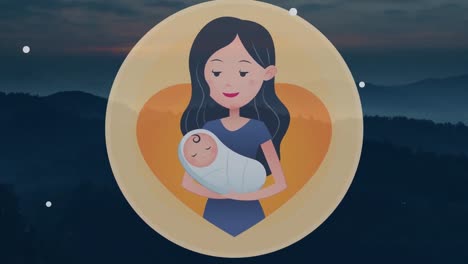 Animation-Einer-Frau-Mit-Babysymbol-Und-Lichtflecken-über-Der-Nachtlandschaft