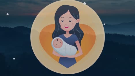 animation of woman holding baby icon and light spots over night landscape