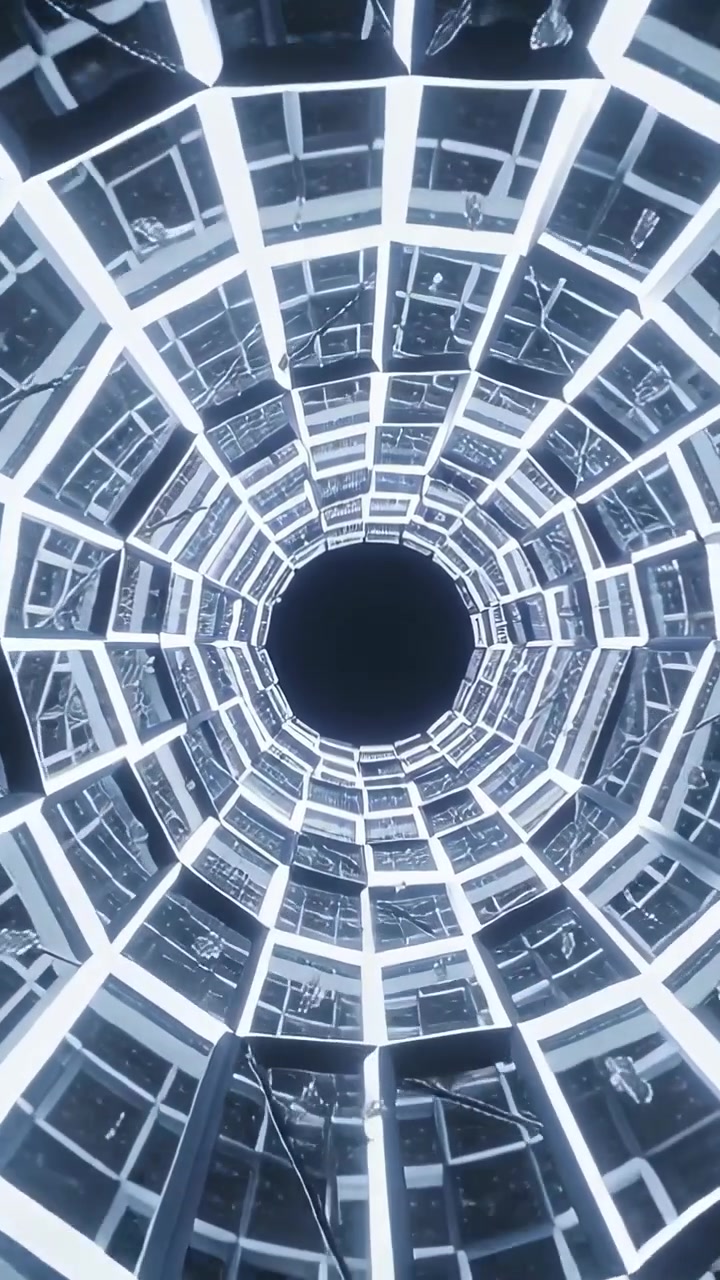 Video verticale: Telecamera che si inclina attraverso un tunnel illuminato in un atrio, rivelando frammenti di cornici LED e un centro scuro.