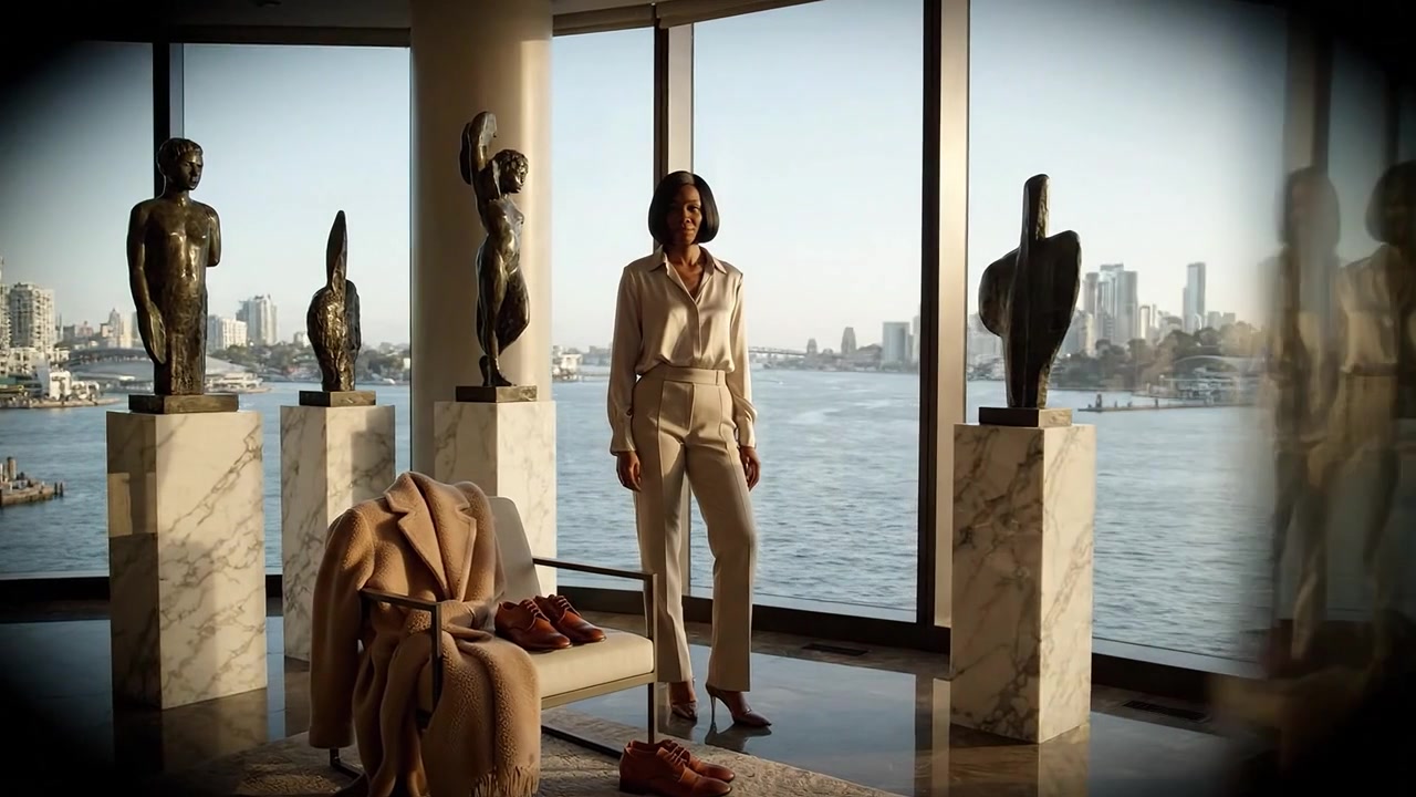 Elegant placeret mod en fantastisk udsigt over vandet viser motivet en blanding af mode og kunst i et smukt designet luksuriøst interiør.