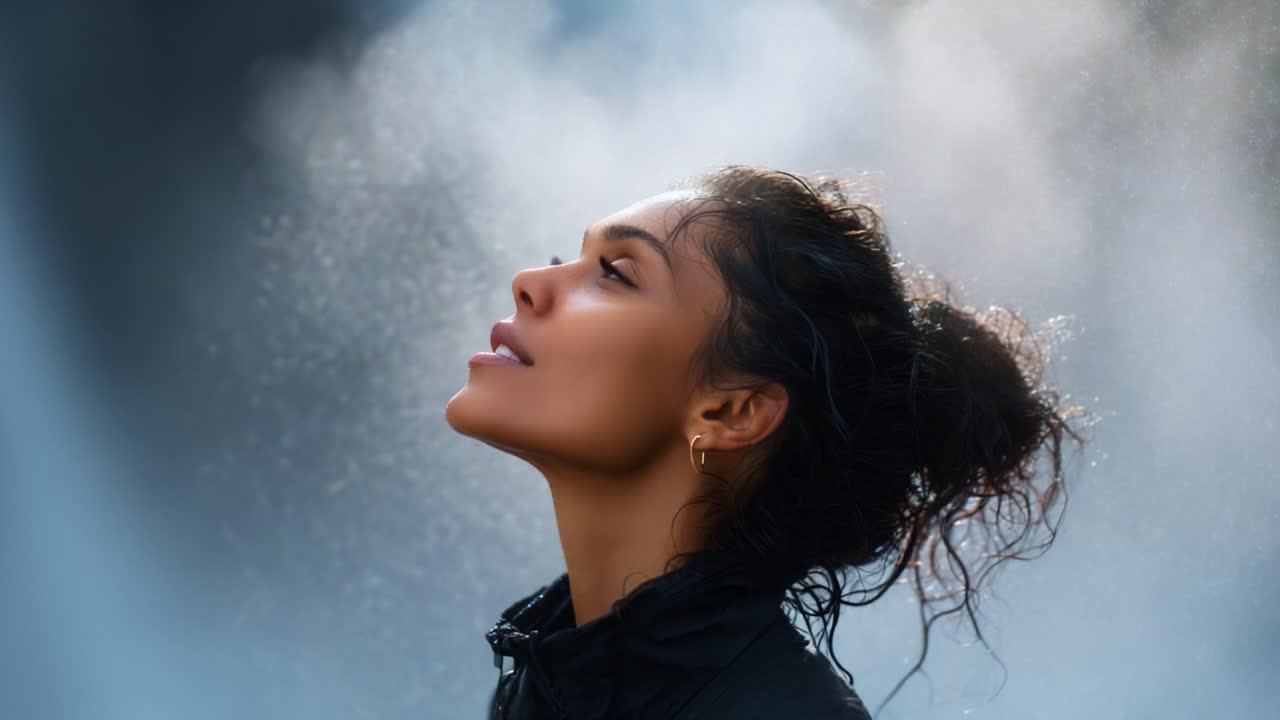 Una serena rappresentazione di una donna nella natura che si gode l'atmosfera nebbiosa mentre chiude gli occhi, accogliendo la presenza rilassante dell'acqua in un ambiente tranquillo