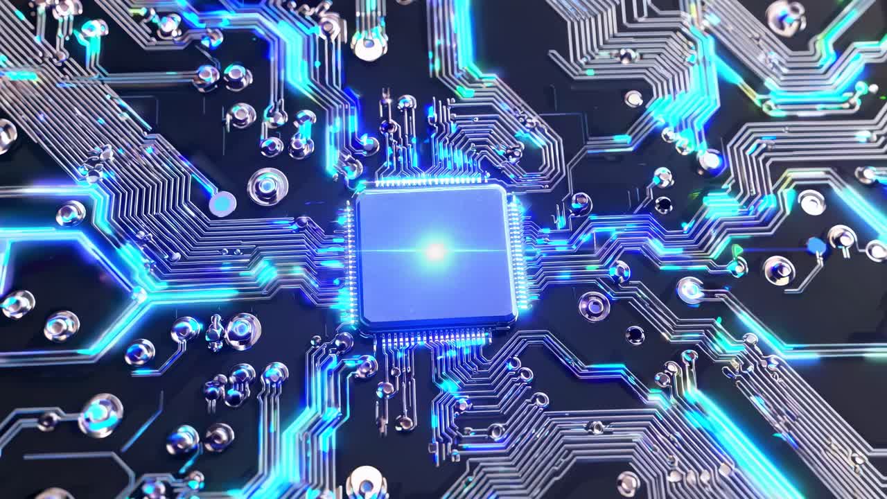 Aerial view of a glowing blue circuit board, showcasing intricate pathways and a central chip