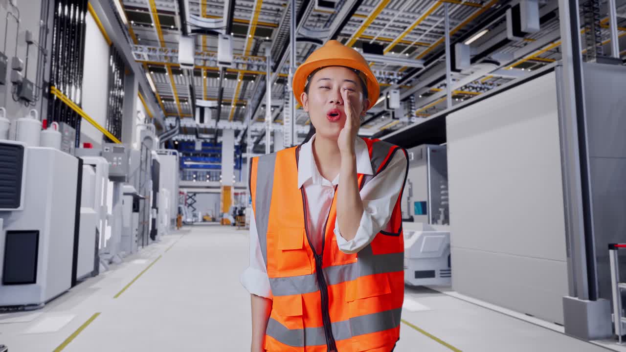 공장에서 소리치는 여성 엔지니어