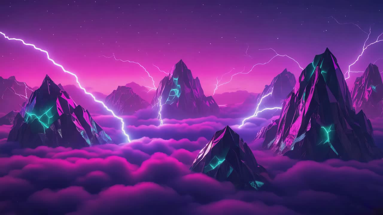 Neon Mountains and Lightning in a Purple Sky