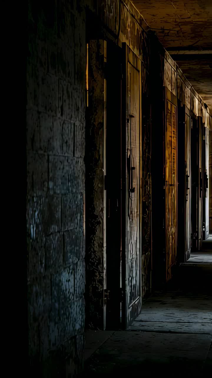 Vertical video: Moving cam starting forward, revealing doors and light in decayed hall, copy space